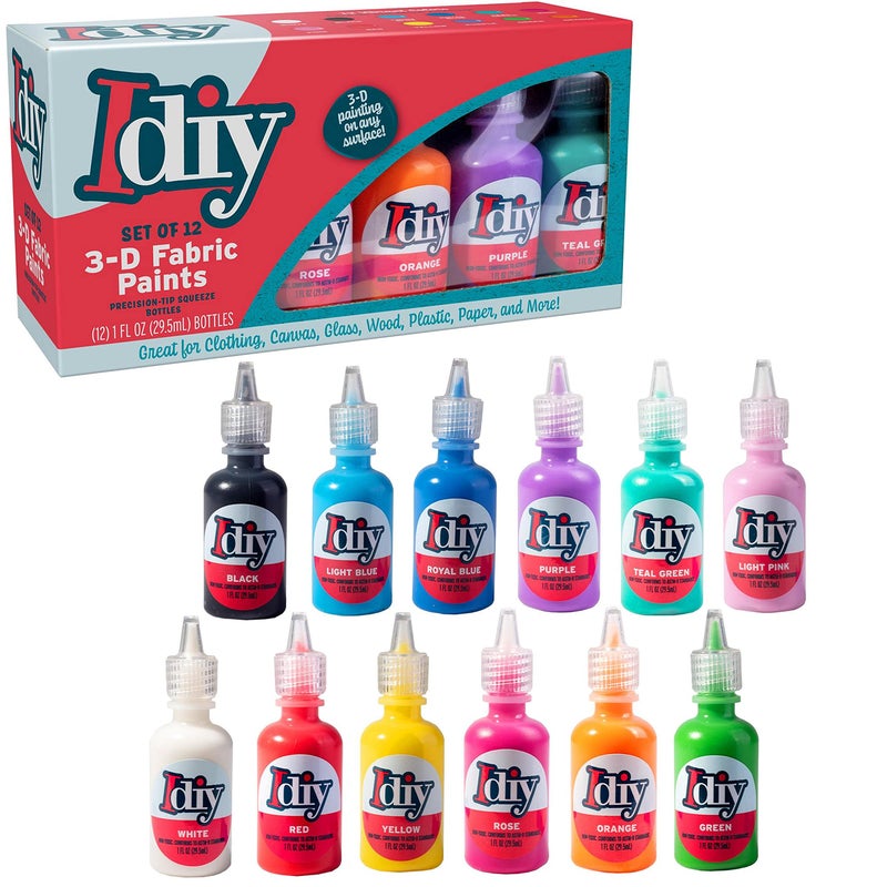 SCS Direct IDIY Fabric Paint Set (12 Classic Colors, 1oz Each) - Permanent Non-Toxic 3D Fabric Paint for Clothes, Canvas, Glass, Wood, & More- Valentineâ€™s Day Crafts, DIY Gifts, Cards, Decorations & Art Projects - Image 1